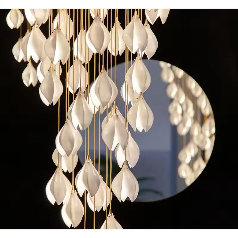 Custom Luxury Ceramics Glass Flower Leaf Long Line Chandelier Pendant Lamp For Hotel Decorative Loft Pendant Light Hanging Lamp