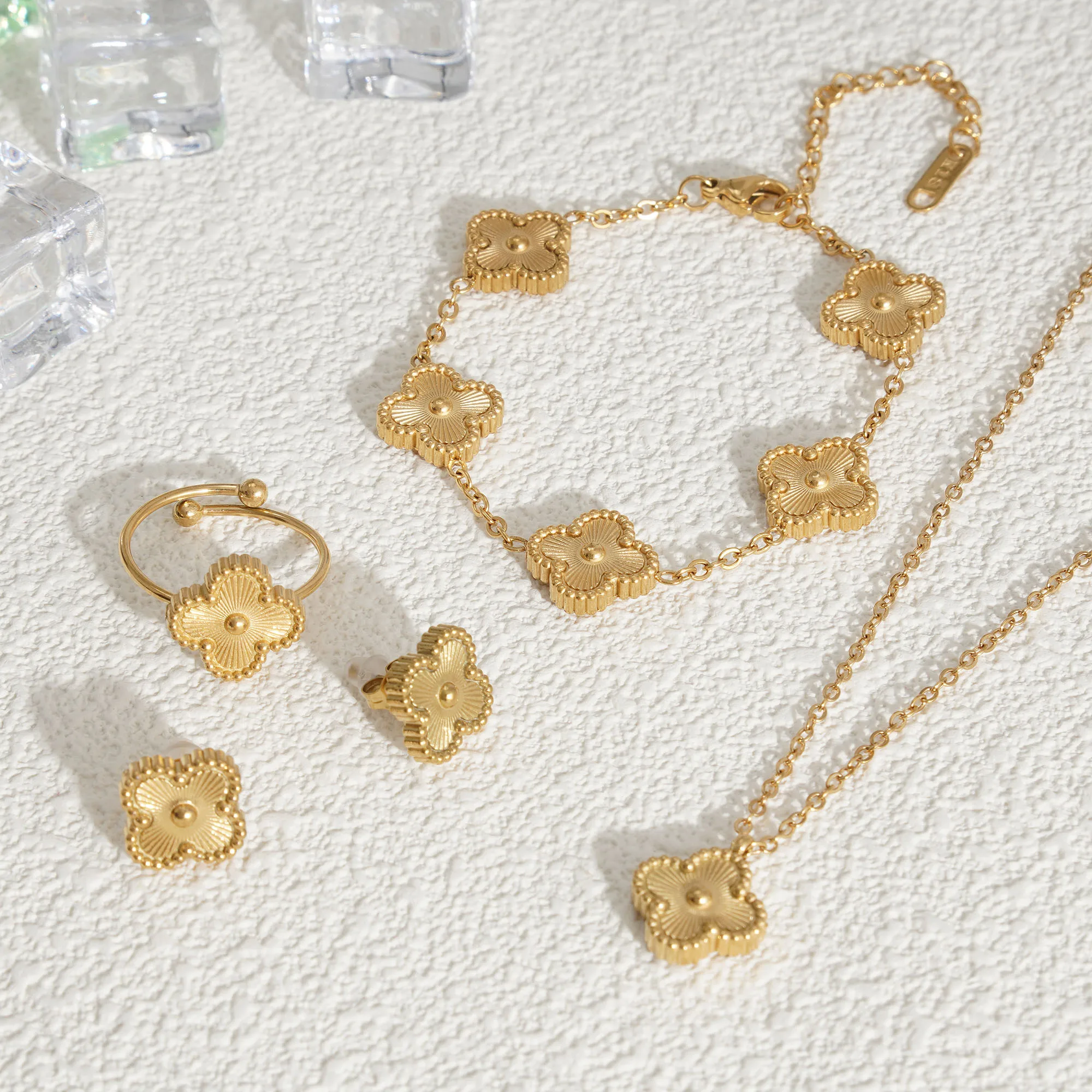 Lucky Ring Earrings Necklace Bracelet 4 Leaf Clover Sets Stainless Steel Gold Four Leaf Clover Jewelry Set