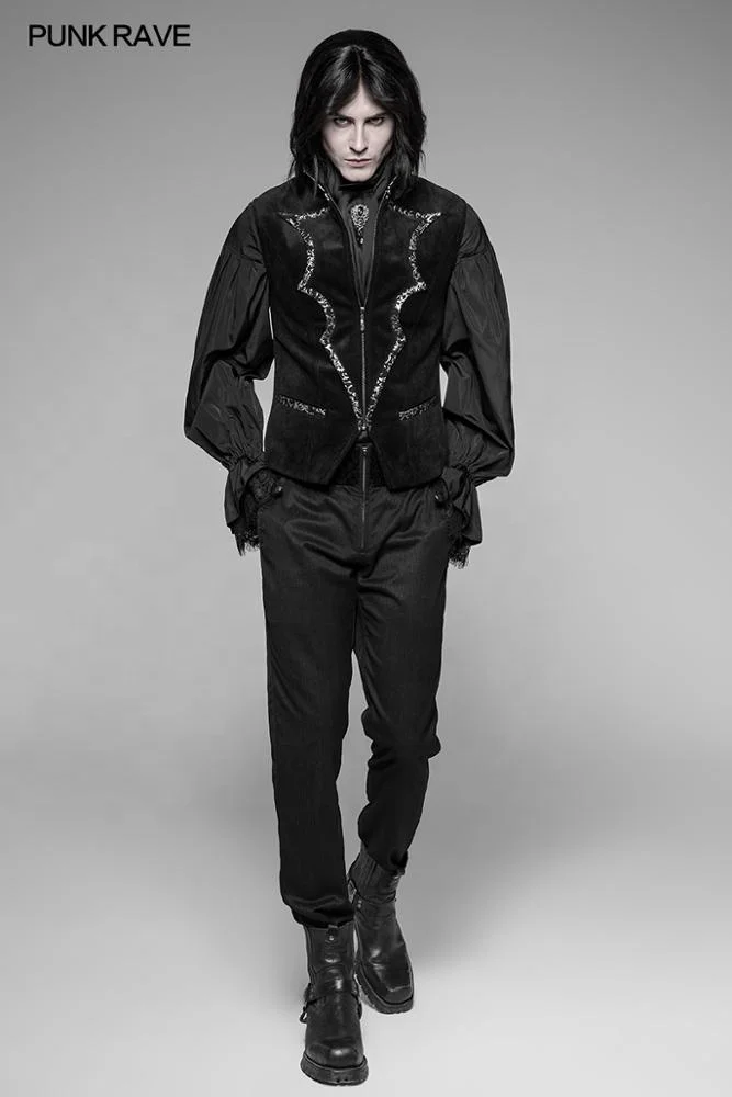 
PUNK RAVE WY-948 Gothic Zipper Up Stand Collar High Grade Velvet Elegant Men Suits Vest 