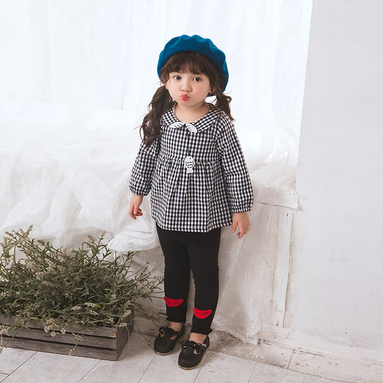 2021 Hot Selling 100% Cotton Black And White Plaid Loose Kids Toddler Girl Autumn Fashion Blouse