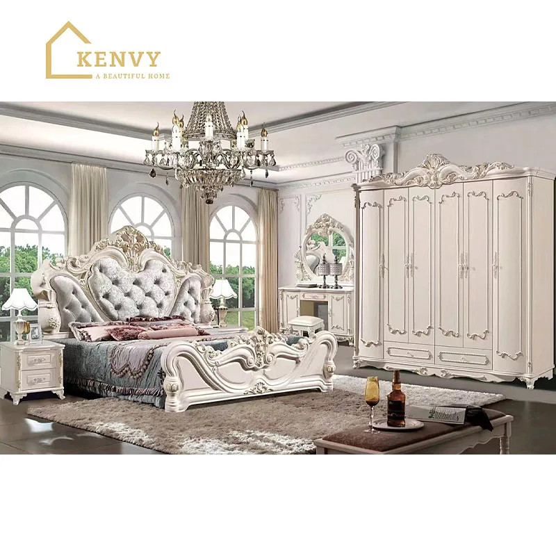French White Queen Size Double Bed Frame Room Full Set Furniture American Style King Size Bedroom Sets With Storage Wardrobes
