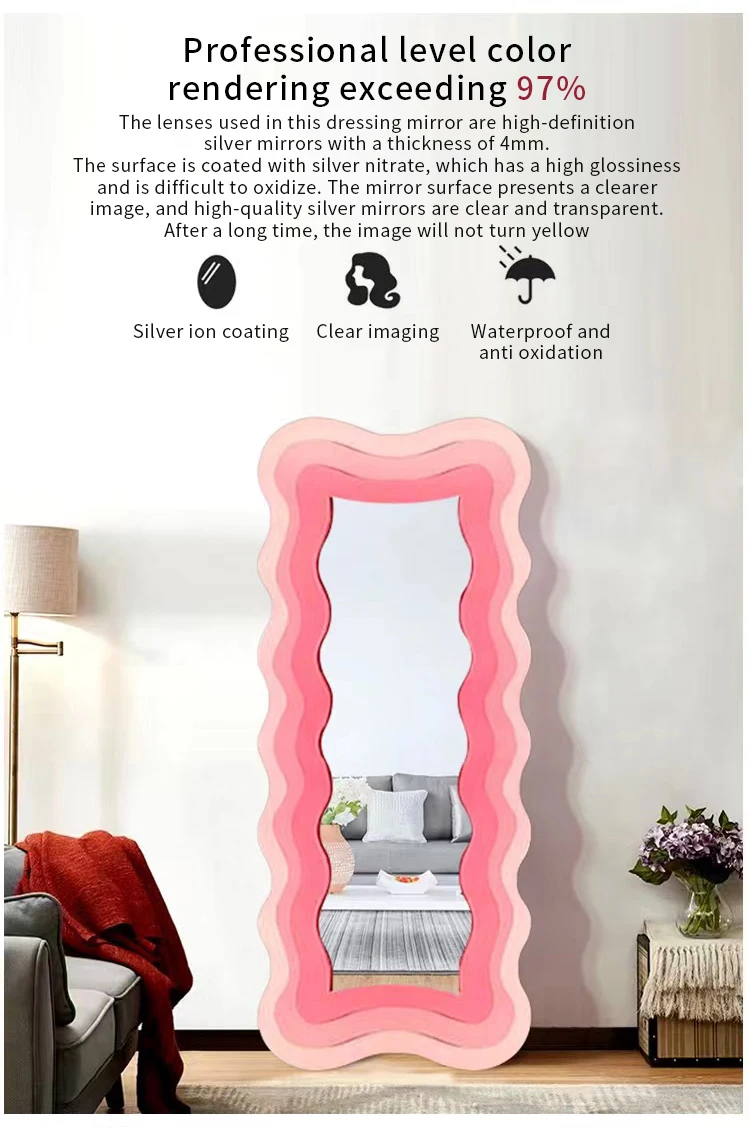 Hair Salon Decoration Wavy Frame Mirrors Rainbow Irregular Wavy Frame Aesthetic Vanity 3D Led Floor Mirror