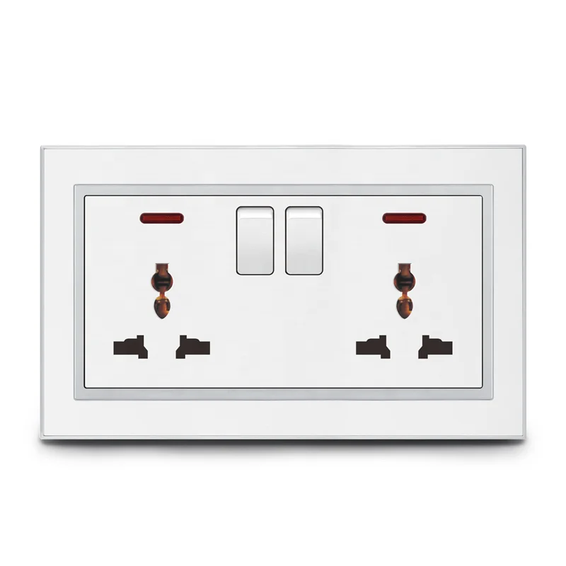 British/BS/UK 250V 15A single pole double twin 3 pin plug socket/ 2x3 hole rectangular power wall switch socket with neon outlet