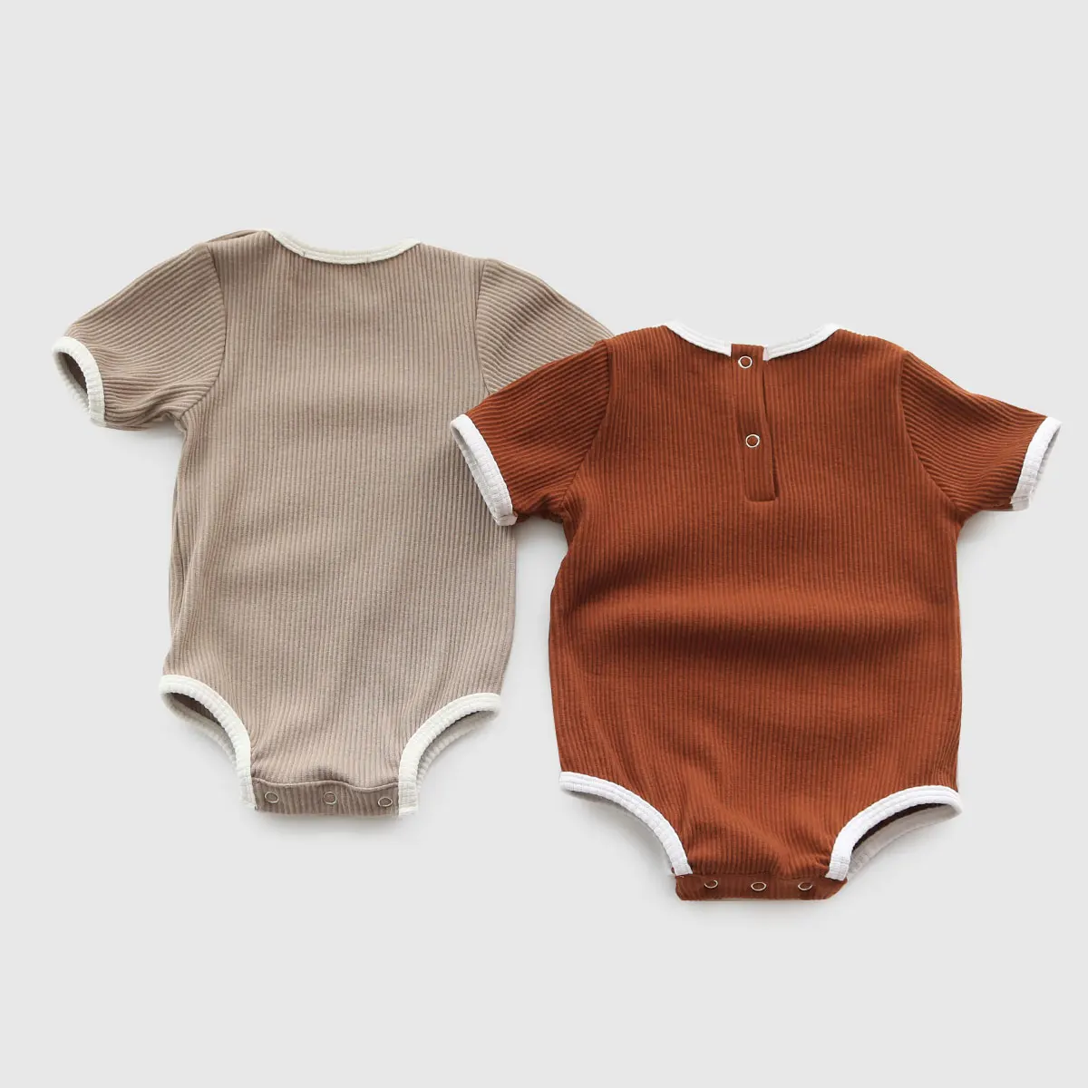 Ribbed Short Sleeve Back Snap Baby Rompers Paneled Edge Crewneck One Piece Infant Jumpsuit