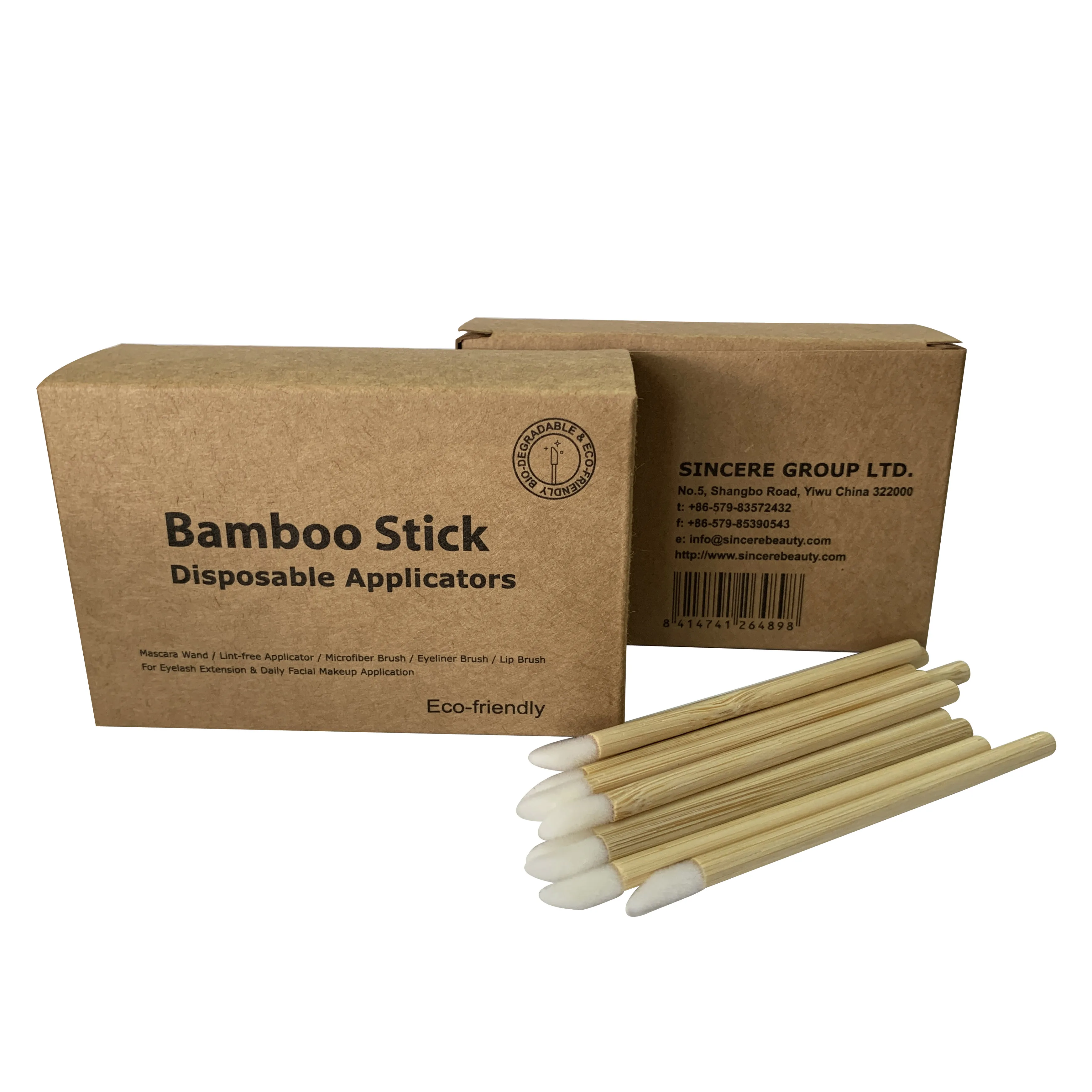 100 Counts Eco-friendly Bamboo Stick Handle Lip Gloss Brush with Flocked Doe Foot Lint-free Applicator in Kraft Box