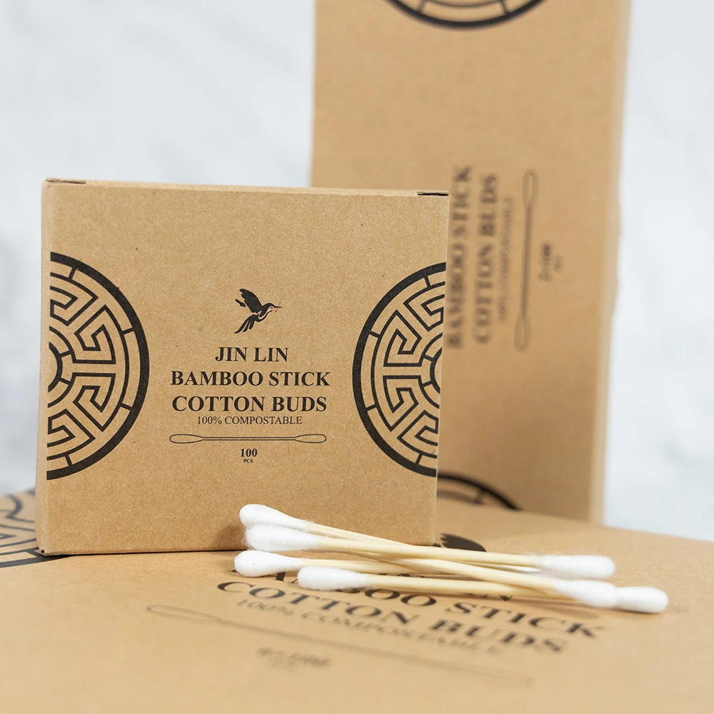 Eco-Friendly Recyclable Biodegradable 100Pcs Bamboo Sticks Cotton Swabs With Kraft Paper Box