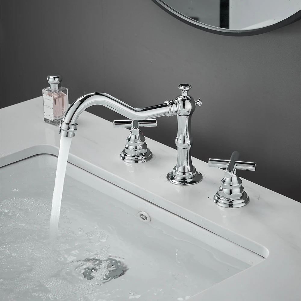 Chrome Brass Sink Faucet 3 Hole Widespread Bathroom Faucet with Water Supply Lines