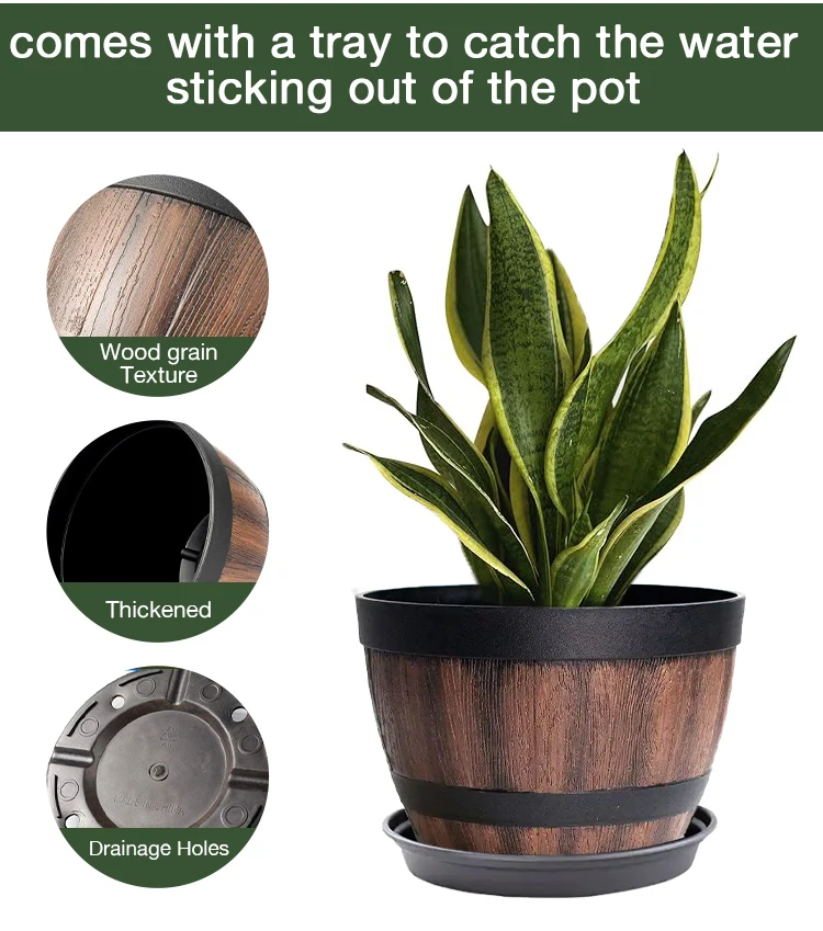 Flower Pots Wooden Whiskey Barrels Shaped Plant Tubs Rustic Flower Bucket for Indoor Outdoor Garden Yard