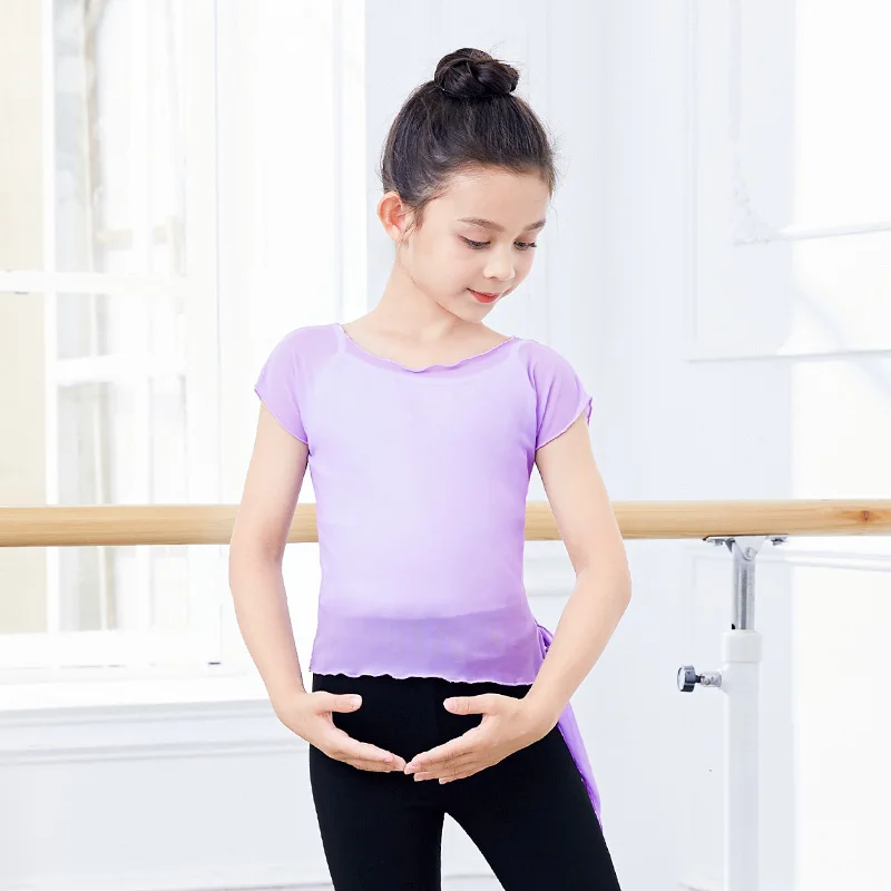 Children Short Sleeve Mesh Dancing Tops Girls Ballet  Classical Dance Practice Blouses