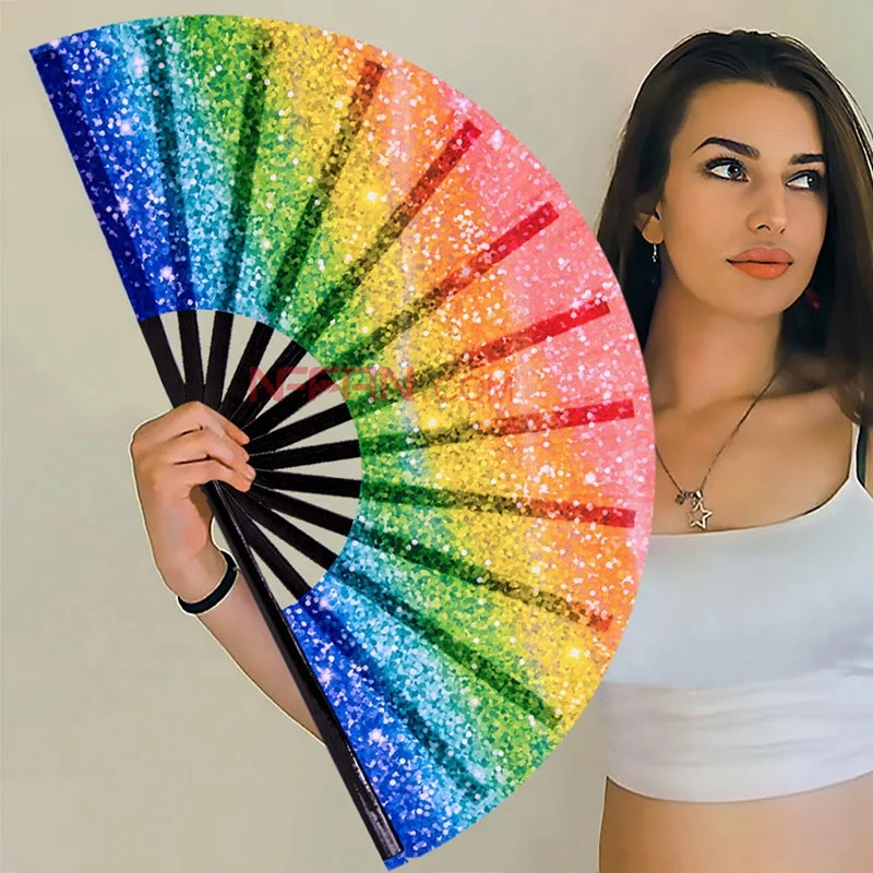 Custom Printed 13Inch Large Bamboo Folding Clack Hand Held Fan for Festivals Parties Rave Accessories