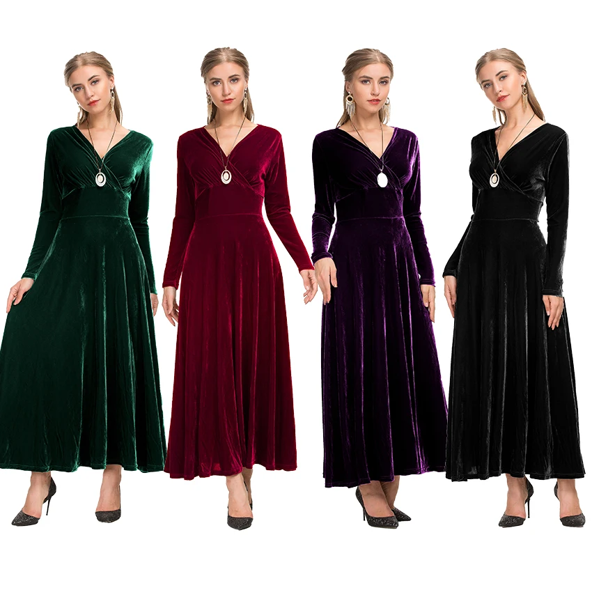 Women sexy evening ball party red long gown V neck full sleeve pleated maxi high waist velvet dress