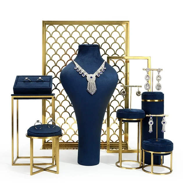 Custom Suede Blue Luxury Jewelry Stand Metal Store Jewelry Display Set for Cabinet Counter