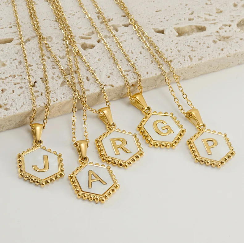 Wholesale New English Alphabet Letter Choker Jewelry 18K Gold Plated Stainless Steel Hexagon Shell Name Initial Pendent Necklace