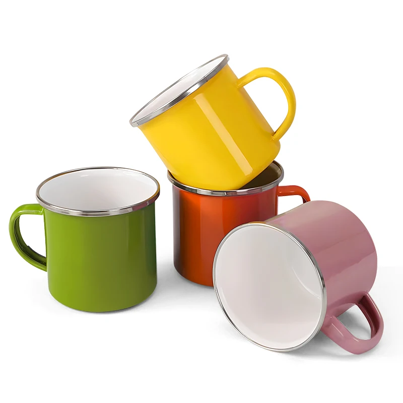 Wholesale Custom Logo Sublimation Outdoor Coffee Mug 11oz 350ml Camping Enamel Coffee Mug With Stainless Silver Rim