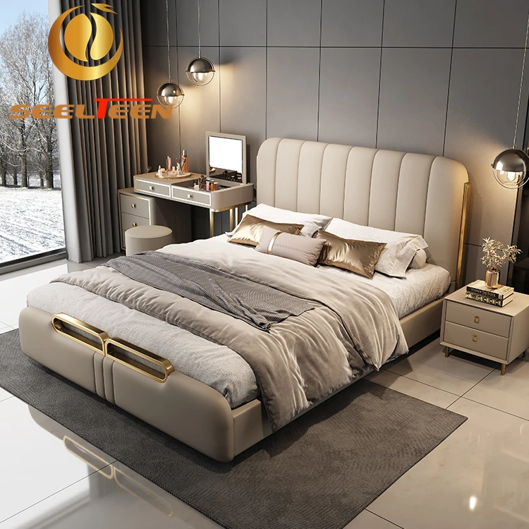 Luxury Bed Room Furniture Genuine Leather Double King Size Bed new home or hotel modern bed