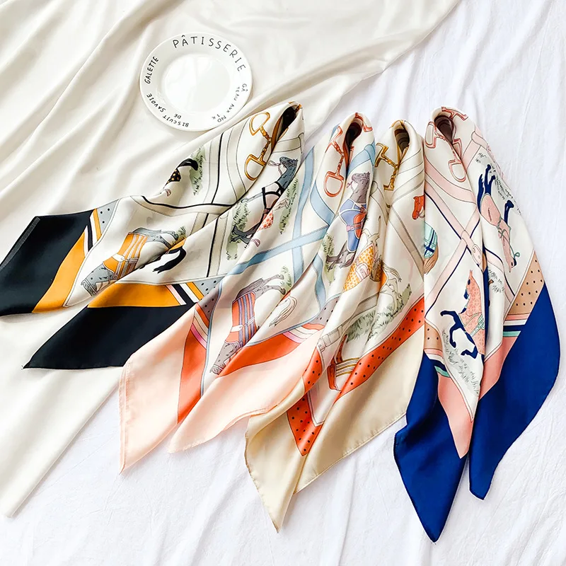 Wholesale Fashion Various Custom Print Bicycle Bandana Silk Feeling Medium Square Satin Hair Other Scarves for Women