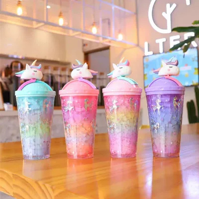 Double Wall  Plastic Water Tumbler With Lid Summer Cute Unicorn Water Bottle With Straw