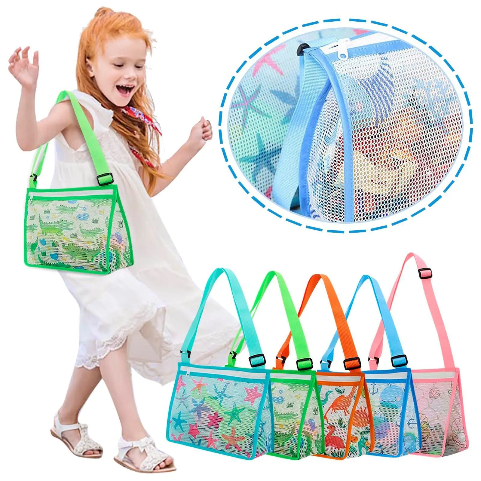 Wholesale Summer Kids Travel Beach Mesh Bag Cartoon Pattern Children Girls Shoulder Storage Bags Seashell Toys Collection Bag