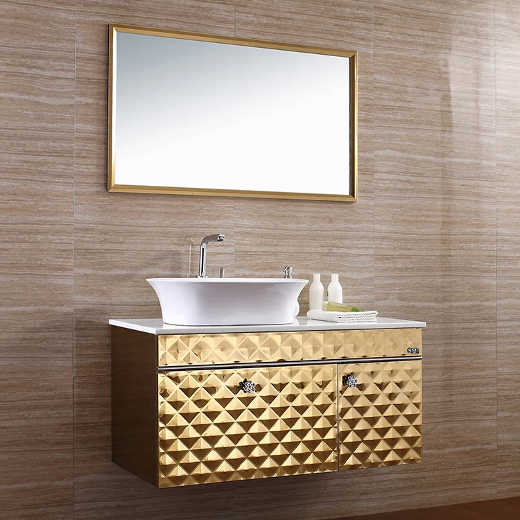 Luxury Royal Classic Gold Bathroom Waterproof Make Up Vanity Cabinet Units with Marble Countertop Single Sink for Home Furniture