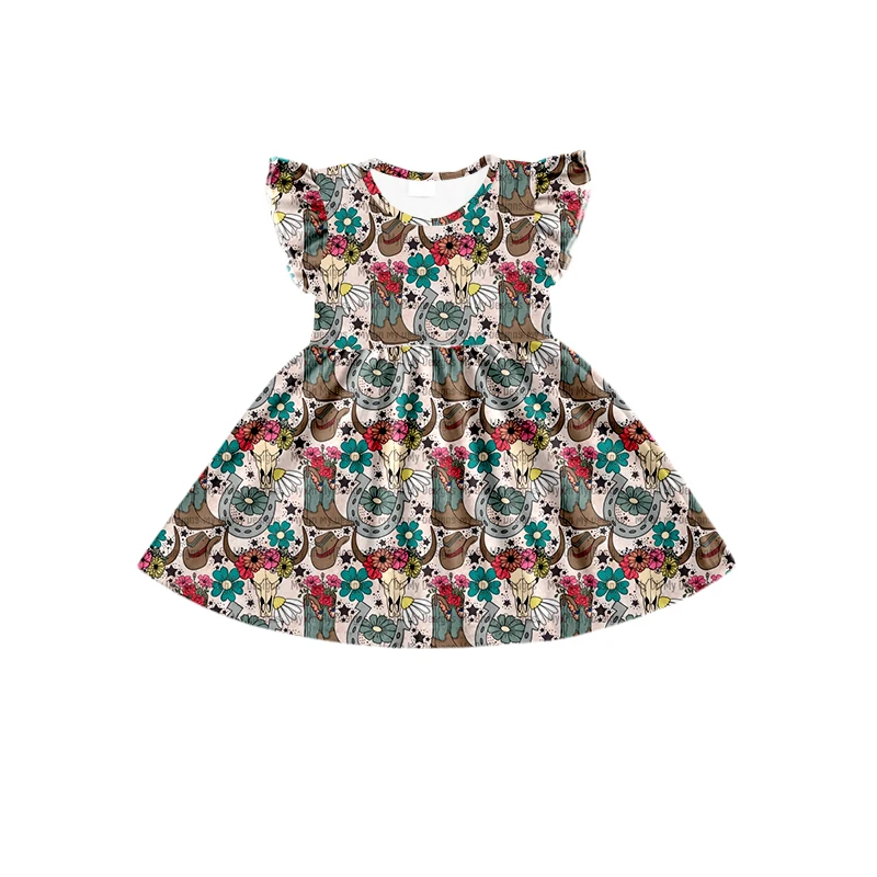 Boots Flower Hat Flying Sleeve Flying Short Sleeve Dress for Girls Long Sleeve Dress Clothes Girl Clothing Boutique