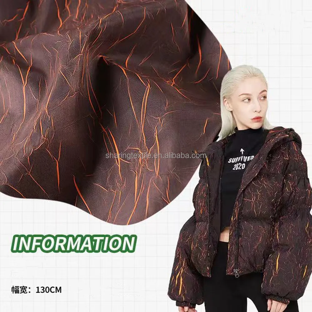 Melange Two Tone Fluorescent Printed Lightning Rumpled Wrinkled Polyester Taffeta Fabric For Windbreaker Down Jacket