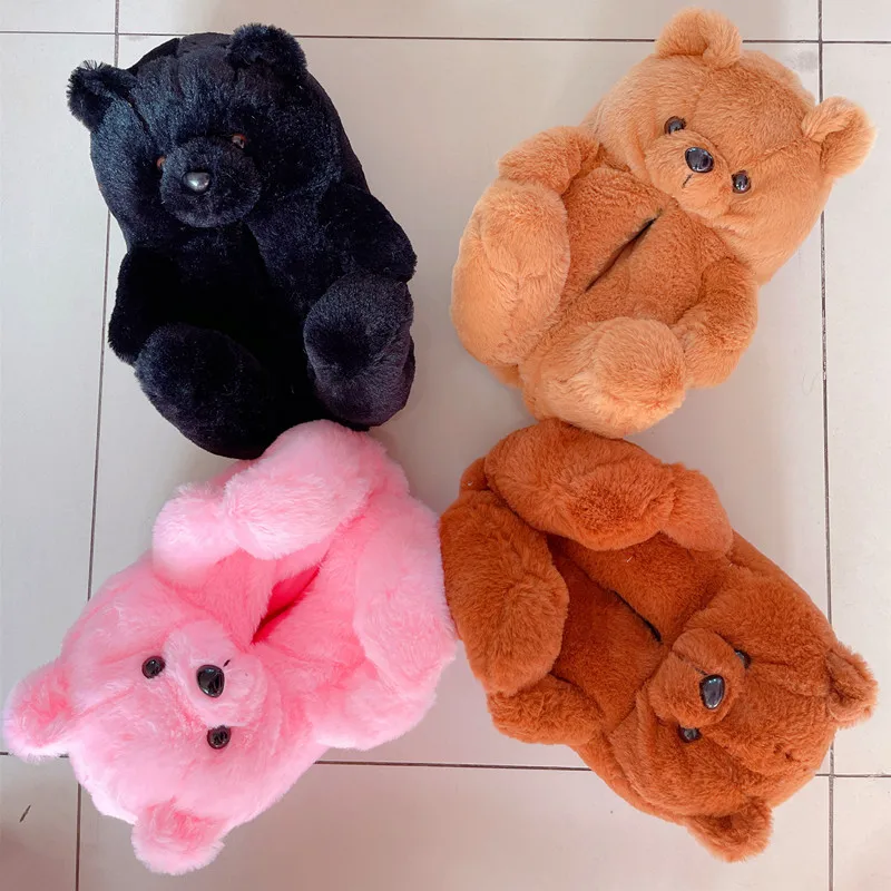 Cute Unisex Indoor Winter Slippers Plush Toys Soft Ladies Teddy Bear Furry Bedroom Shoes for Birthday Gift