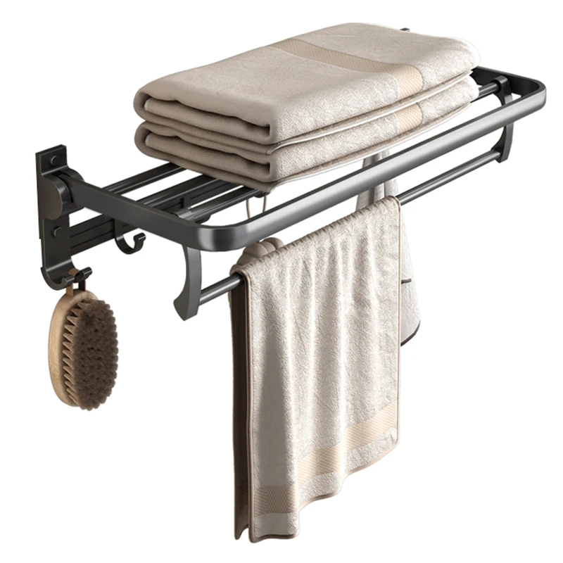 Gun grey 24in Towel Racks with Shelf Drilling/Adhesive Wall Mounted Foldable Rustproof Bathroom Towel Holder with Towel Bar