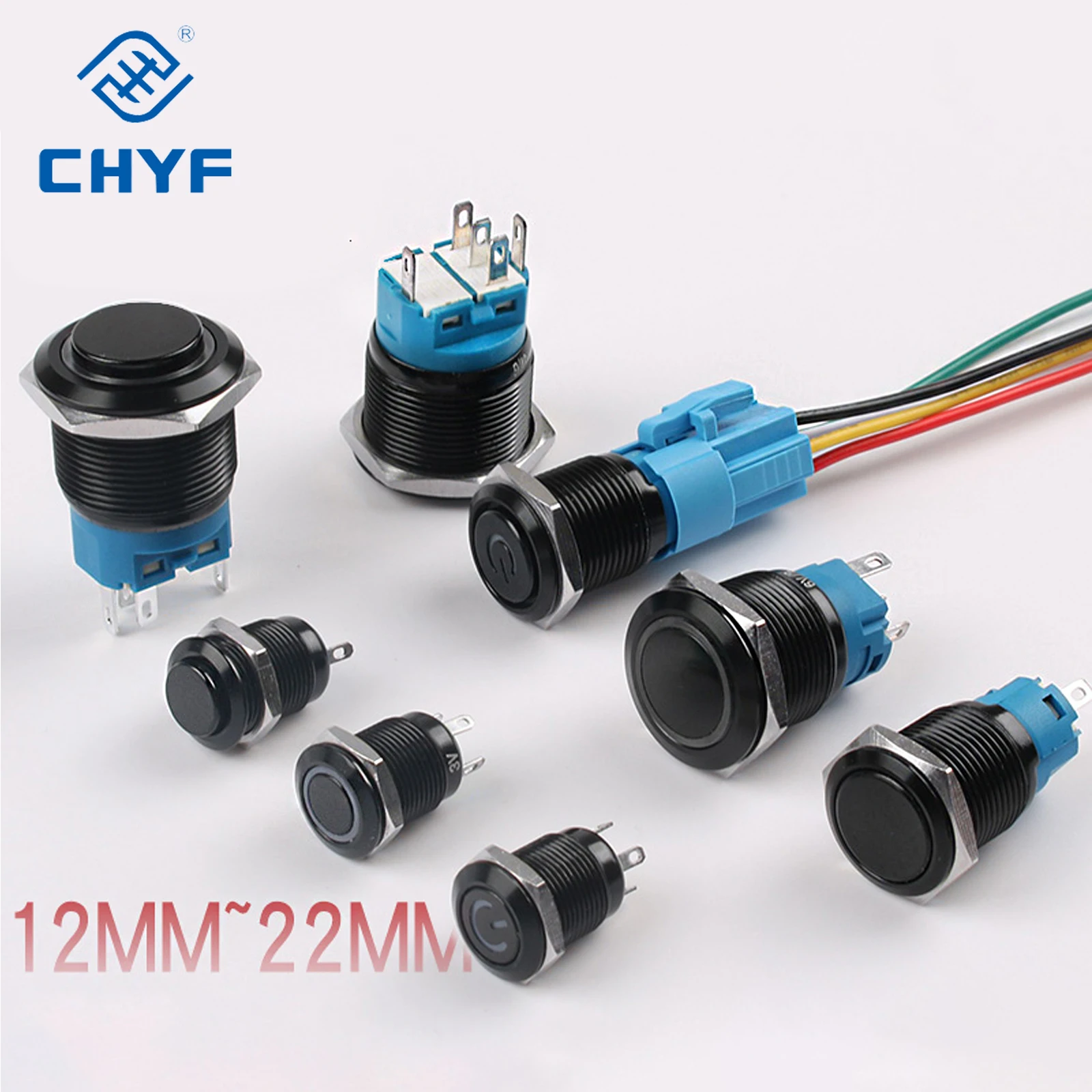 Black Metal Push Button Switch 12/16/19/22mm Waterproof LED Light Flat Power Momentary Reset Latching Fixed 6V 12V 220V 3A CHYF