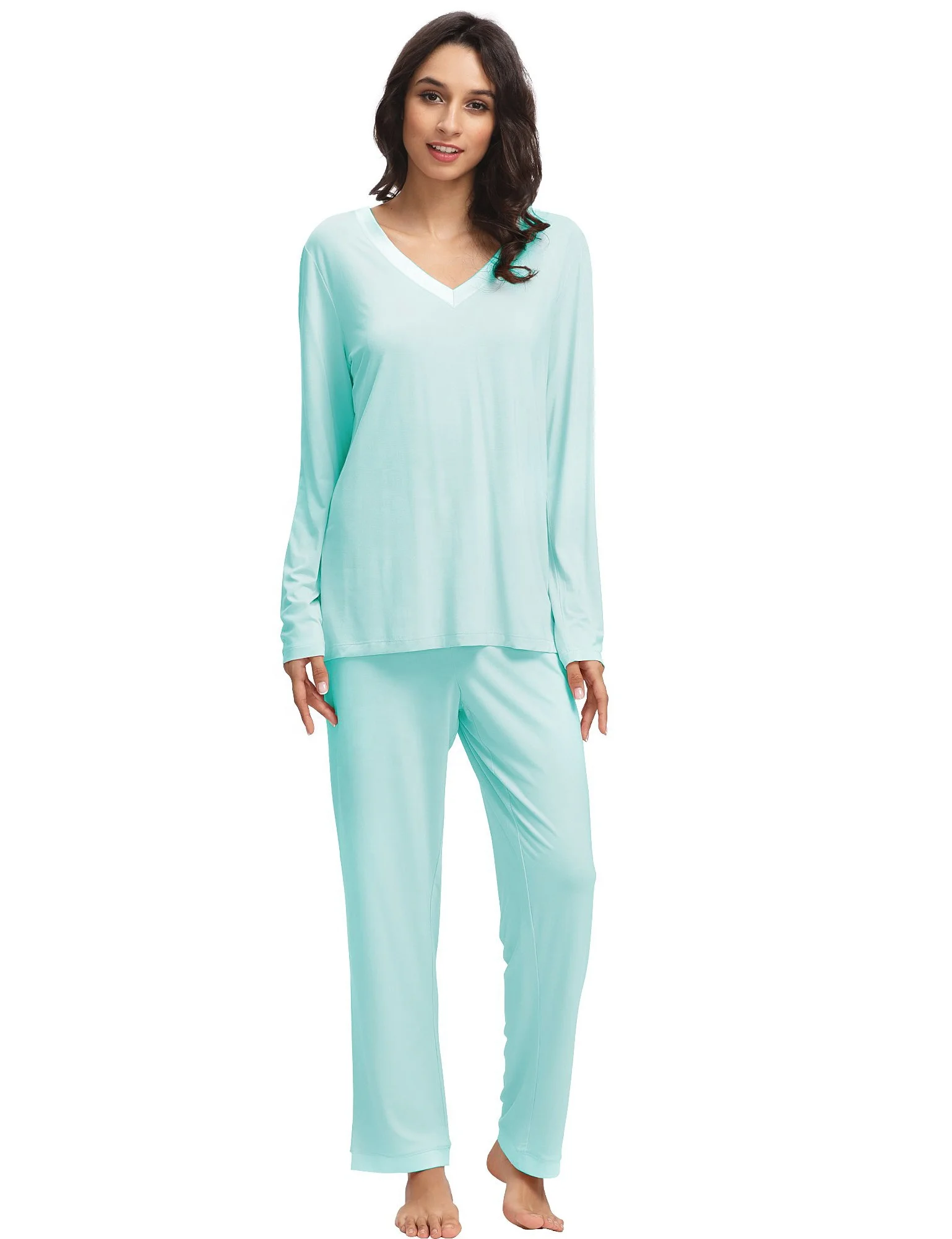 V Neck Soft Comfy Lounge Long Bamboo Sleepwear Pajamas Set