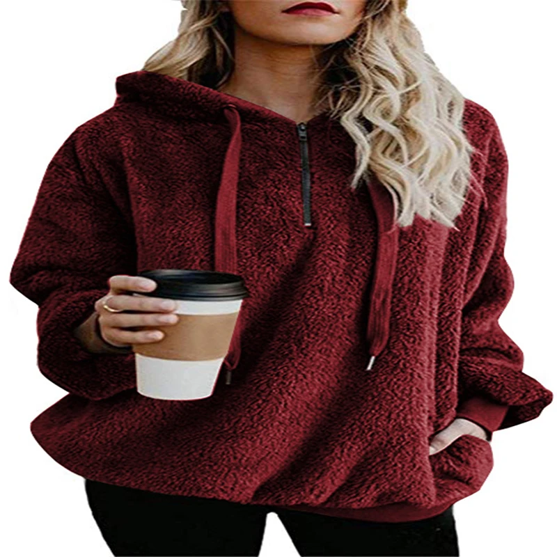 
Rummandy Fashion Women Fleece Winter Warm Solid Color Long Sleeve V-neck half zip sweatshirt Loose Plus 
