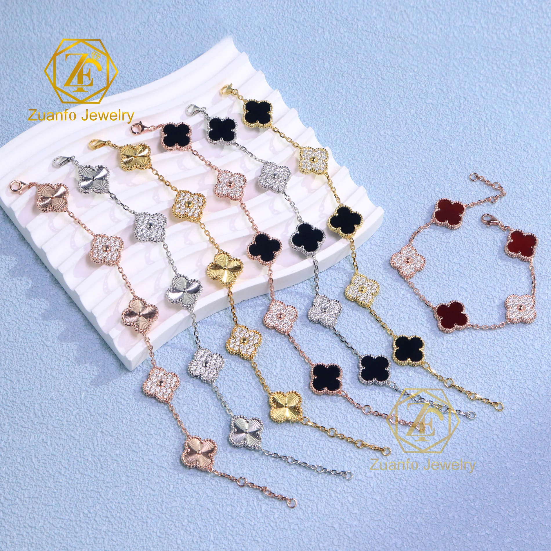 Manufacturer D VVS1 Moissanite S925 Silver Jewelry Set Onyx Link Chain Bracelet Femme Four Leaf Clover Bracelets Women Man
