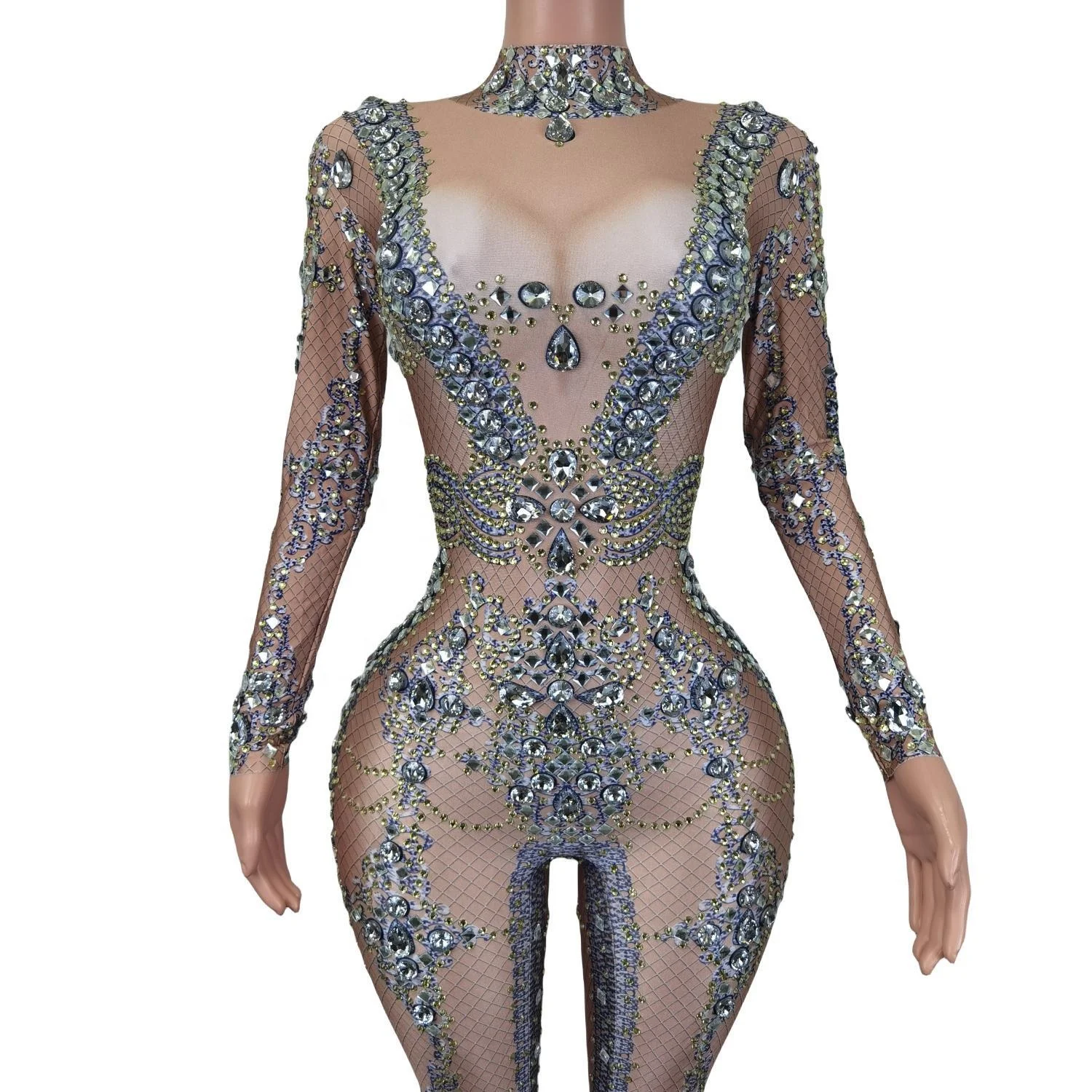 Sparkly Long Sleeves Rhinestone Bodysuit Festival Performance Outfit Plus Size Female Sexy Diamonds Rompers Party Women Jumpsuit