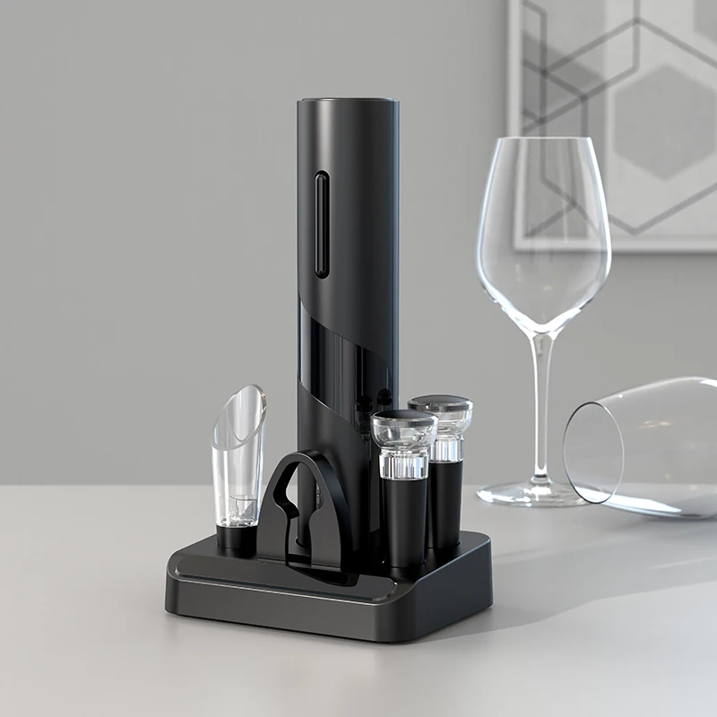 Custom Logo 5-IN-1 Electric Corkscrew Aerator Pourer And Stopper Bottle Wine Opener Set with Base