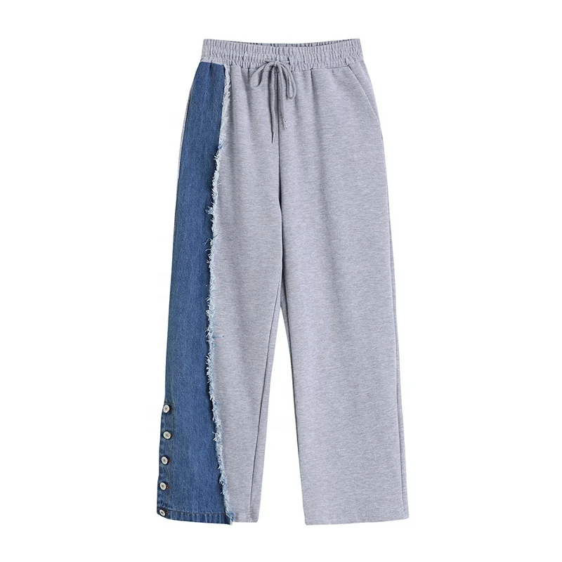 Sweatpants For Women 2021 Autumn New Denim Patchwork Baggy Pant Fashion Casual Oversize Trouser Design Female Joggers Streetwear