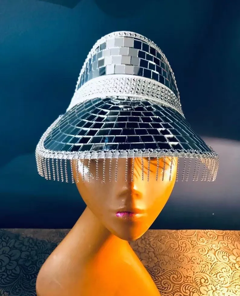High Quality Performance Popular Glass Silver Party Stage Costume Mirror Handmade Disco Hat
