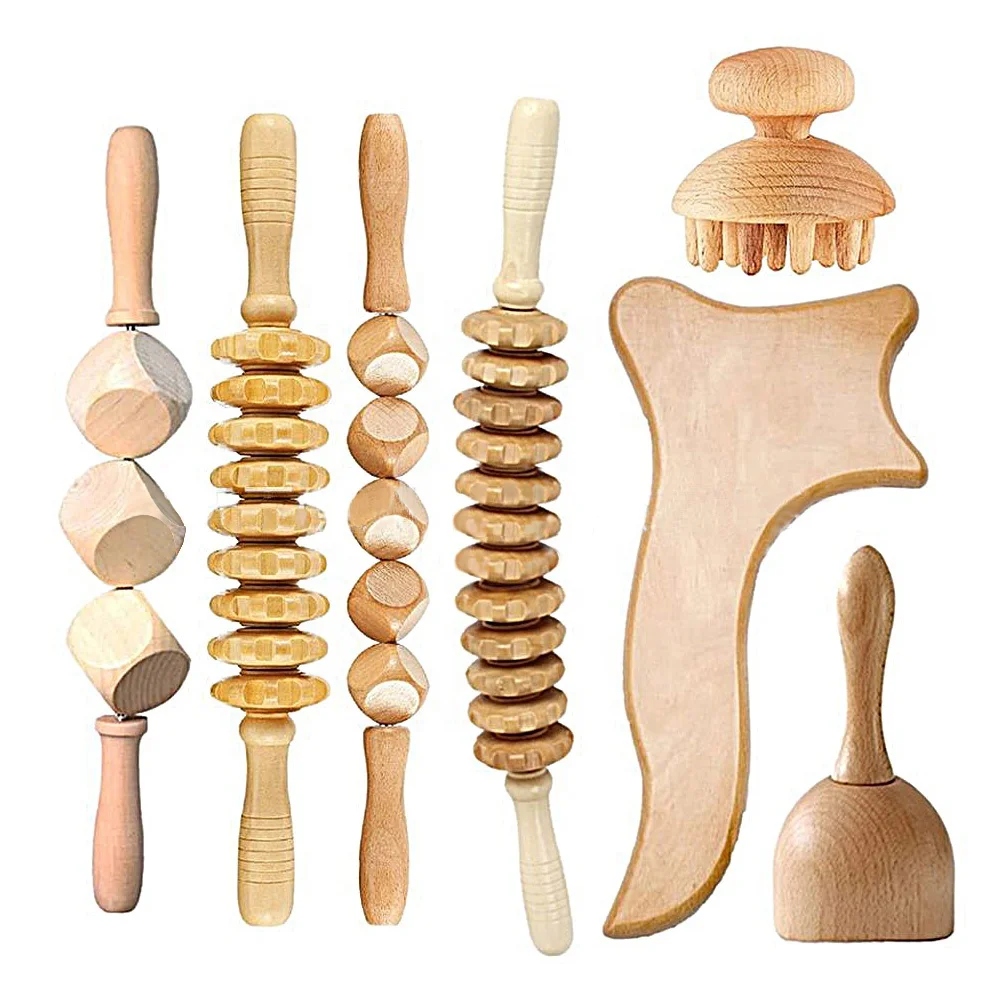 Wholesale Solid Beech Wood Massager Rolling Stick Scraping Board Lymphatic Gua Sha Wood Therapy Massage Cup Head Massage Set