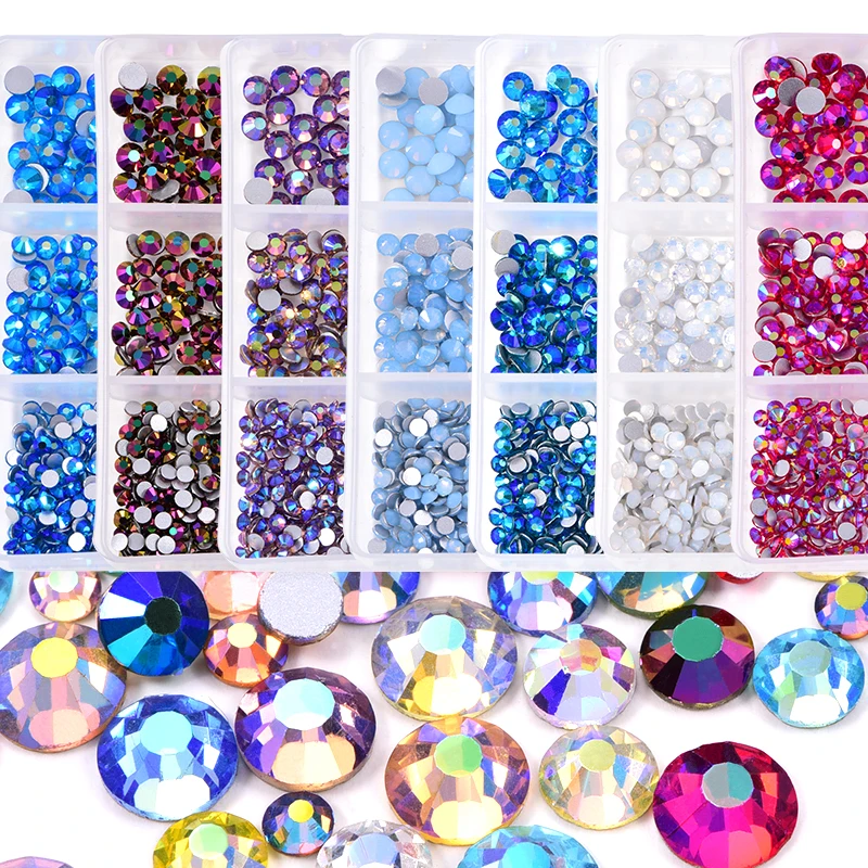 
1200pcs/Box 24 AB Shimmer Colors Crystal Nail Rhinestones Mix Sizes Flatback Non Hot Fix Strass for Nail Art Beauty F0227 