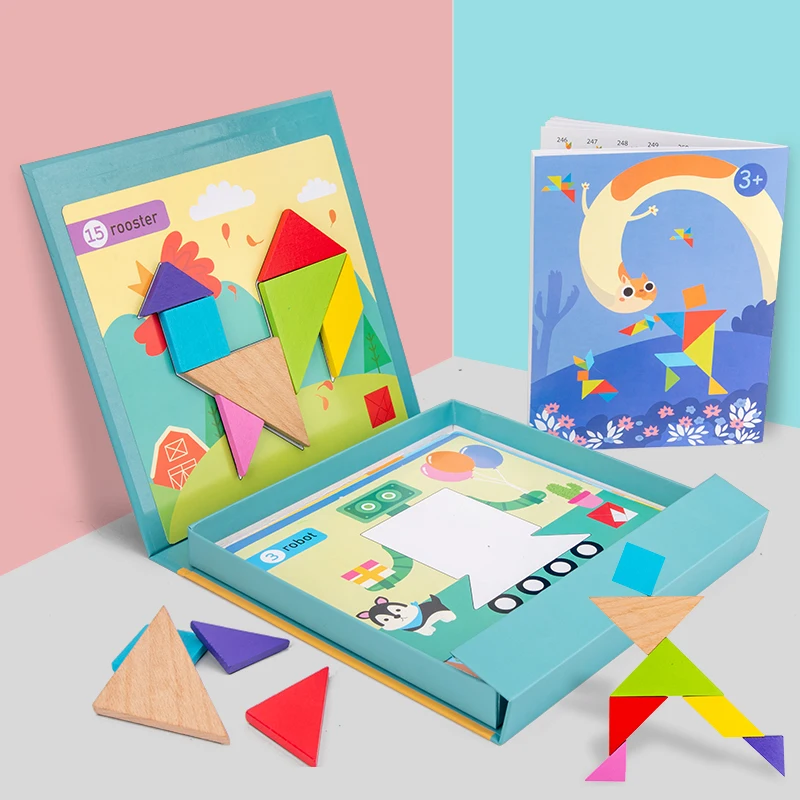 Early Childhood Educational Wooden Toys Cartoon Scene Card Magnetic Book Tangram Puzzle