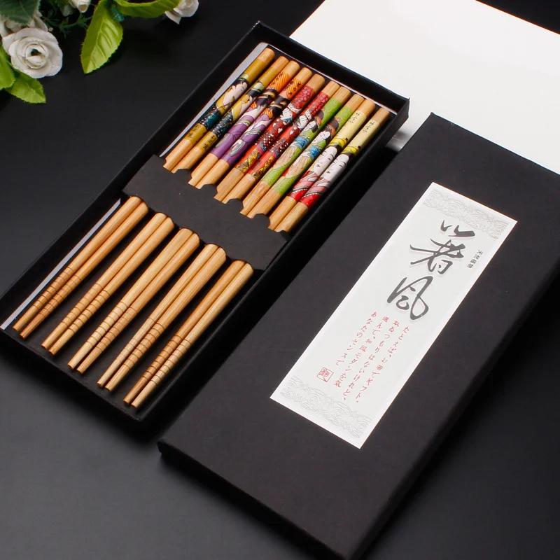 Wholesale cheap prices japanese korean style printed reusable bamboo wood sushi chopsticks bulk chopsticks