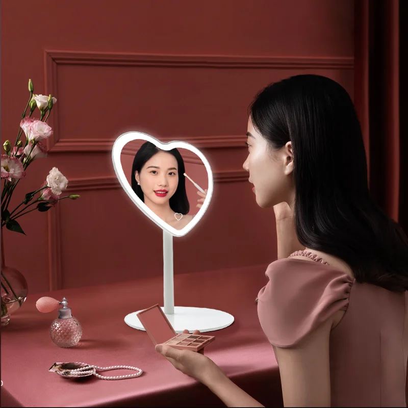 Wholesale Custom Logo Heart Shaped Pink Mirror Detachable Charging Beauty Led Travel Makeup Vanity Mirror With Light