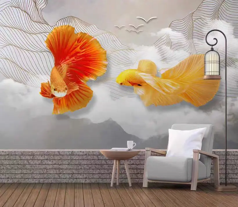 3D stereoscopic abstract lines guppy TV background wall covering bedroom bedside modern mural wall cloth
