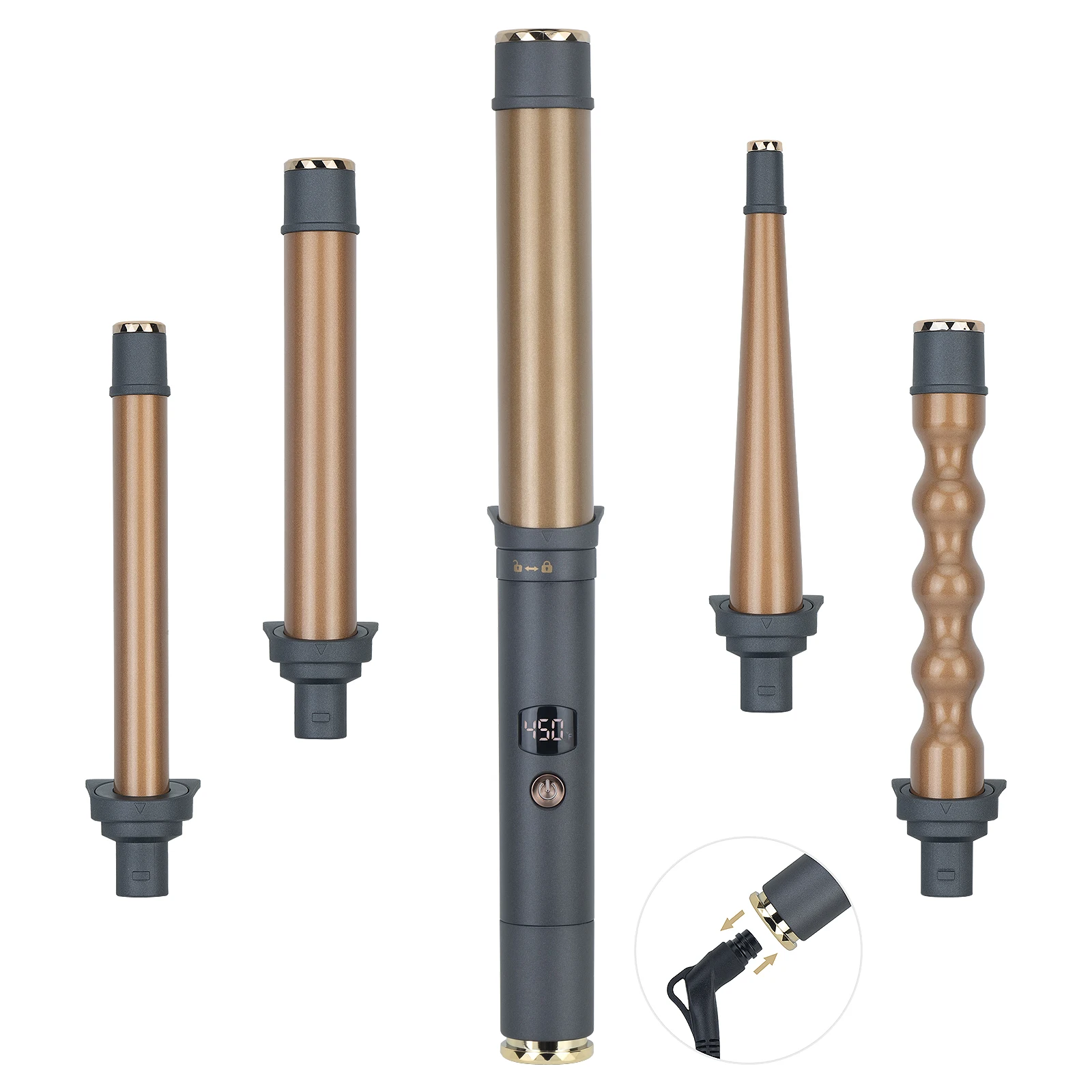 Interchangeable heating barrel hair curler set,  curling wand with patent detachable power cord