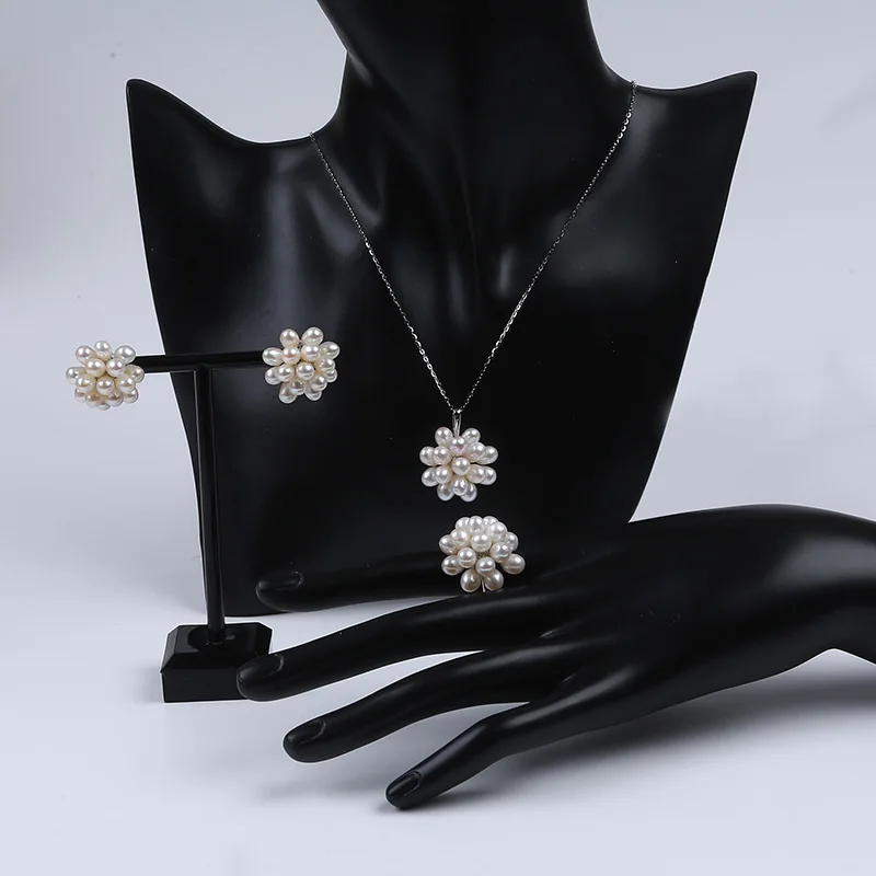 925 Sterling Silver Accessories 5-6mm Natural Fresh Water Rice Pearl Earrings Ring Necklace Jewelry Set