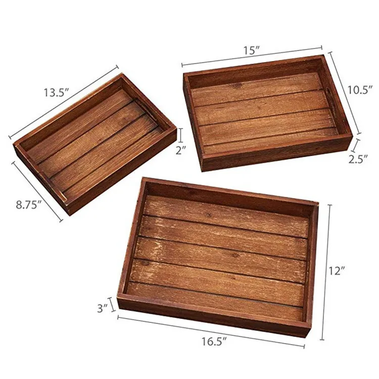 Set of 3 Multipurpose Nesting Designs Bamboo Food Tray Rustic Farmhouse Stackable Solid Wooden Serving Trays