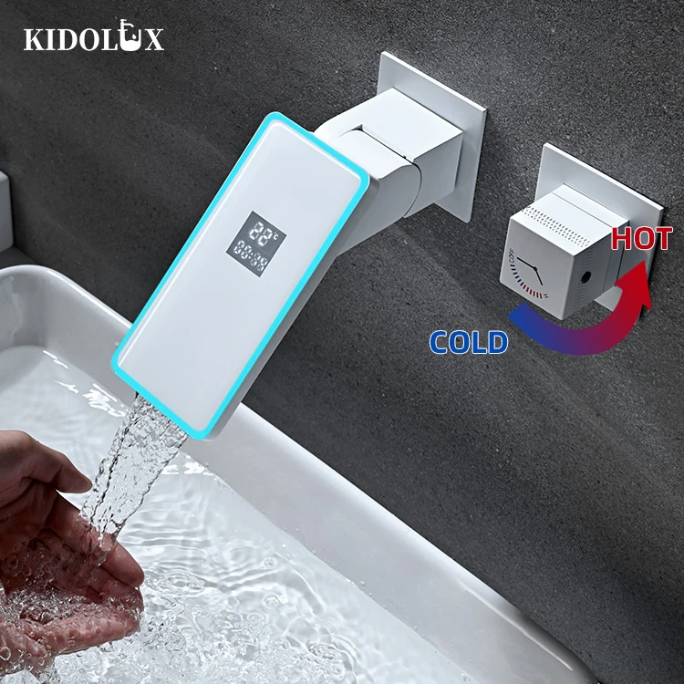 Factory Custom Bathroom Smart Led Light Digital Display Faucet Firmer Durable Wall Mounted Rotatable Faucet Basin Water Taps