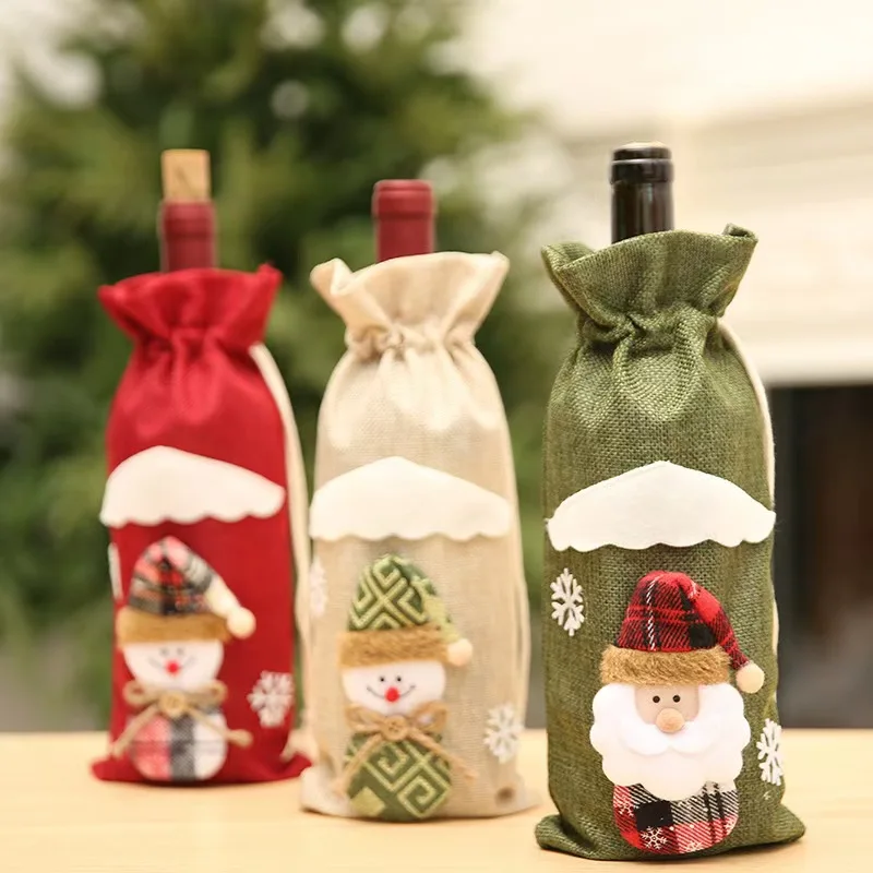 Hot Selling Cross-Border Christmas Wine Set Jute Champagne Bottle Bag Christmas Decoration Bar Restaurant Party Table Atmosphere