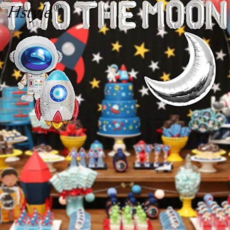 Two the Moon Balloons Party Banner Astronaut Space Man Robot UFO Theme Baby 2nd Birthday Party Supplies Decoration SET604