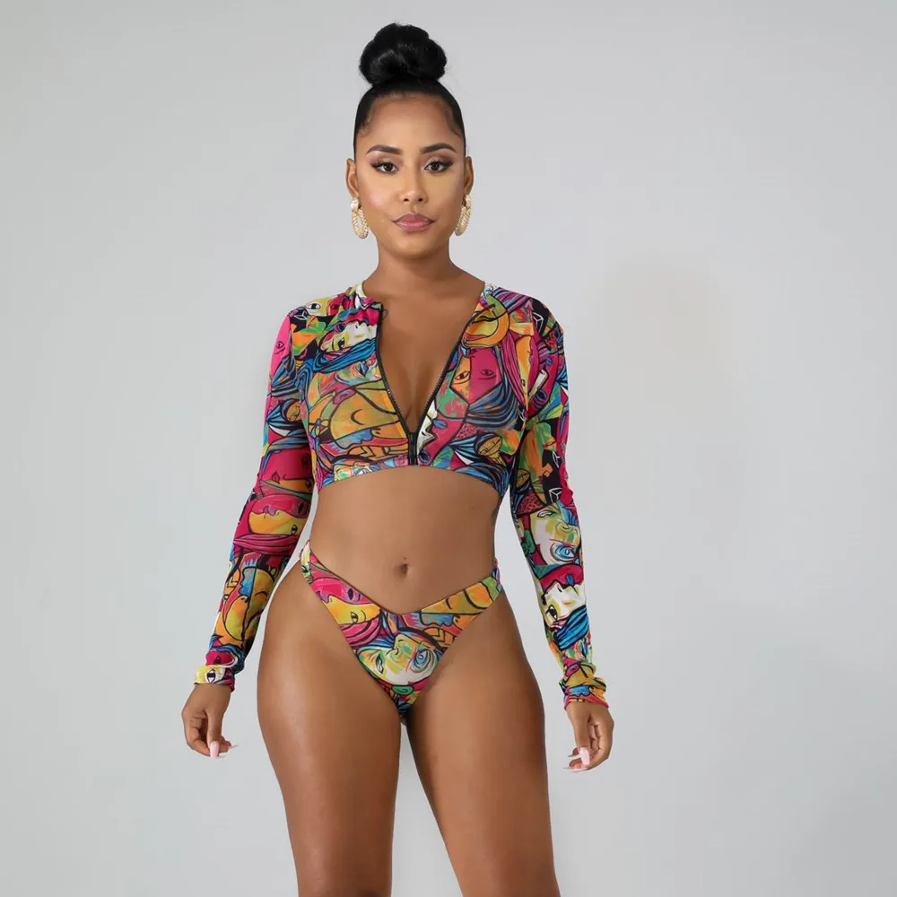 2022 Sexy Bikini and Beachwear  Two-piece swimsuit Multi-color Bikini Set Mini Mini Bikini Hawaiian print long sleeve beach