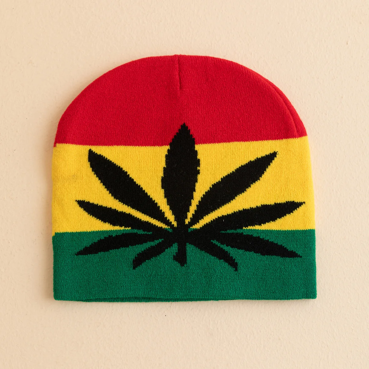 New Personalized Hip Hop Jamaica Reggae Rasta Green Red Yellow Marijuana Weed Leaf Jacquard Acrylic Jacquard Knitting Beanie Hat
