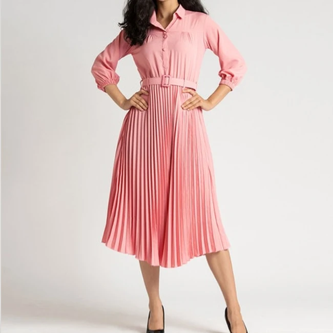 Summer Normal Frocks Custom Women Fashion Long Sleeve Blank Shirt Dresses Casual Pleated Crepe Midi Dress